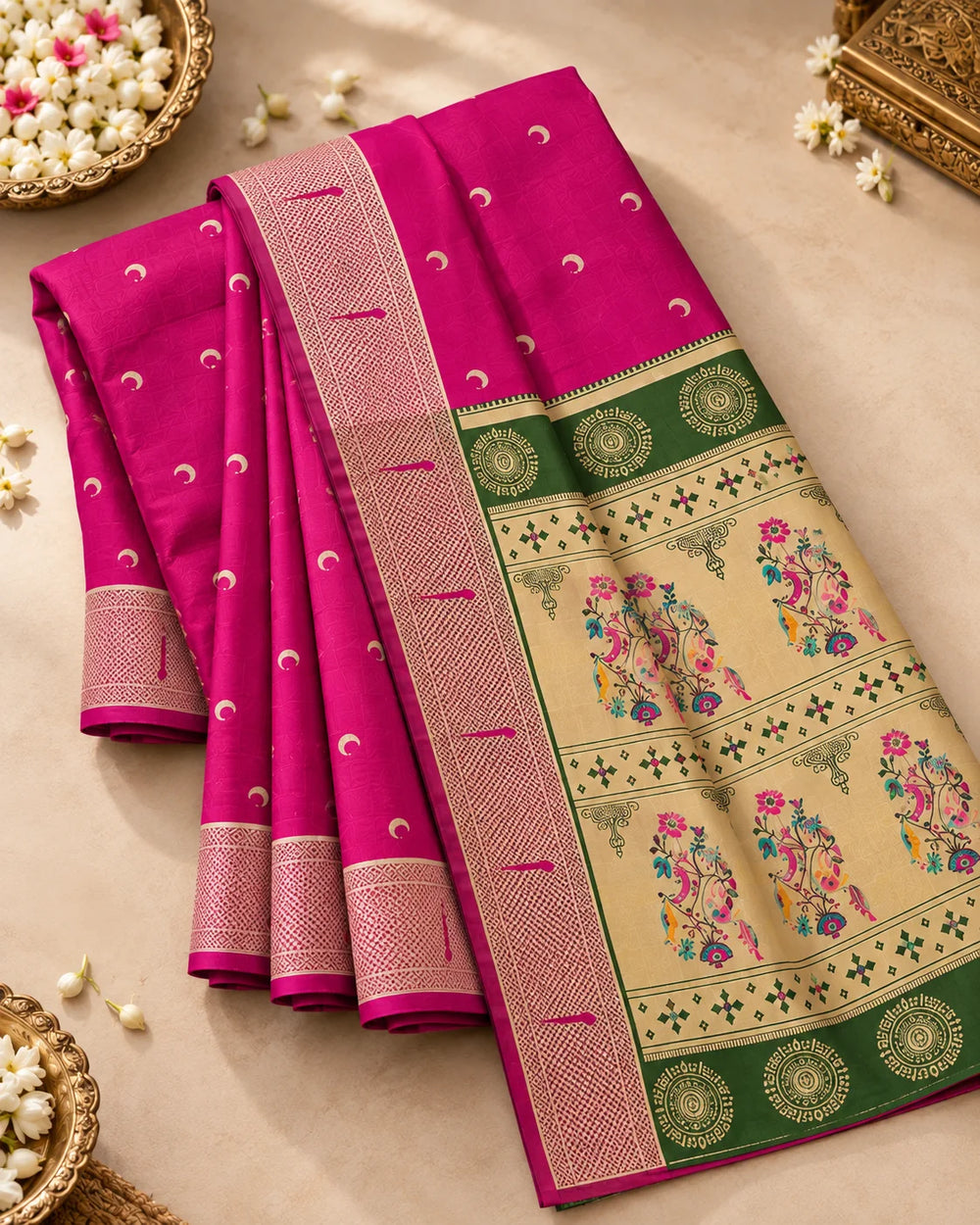 Fuchsia Pink & Olive Green Woven Silk Saree