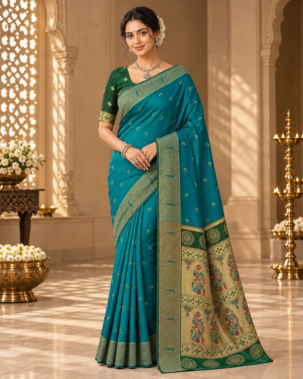 Teal Blue & Olive Green Woven Silk Saree