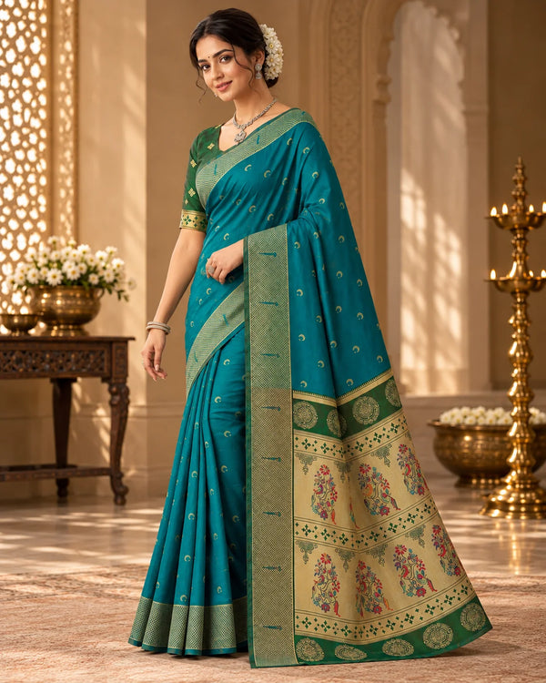 Teal Blue & Olive Green Woven Silk Saree
