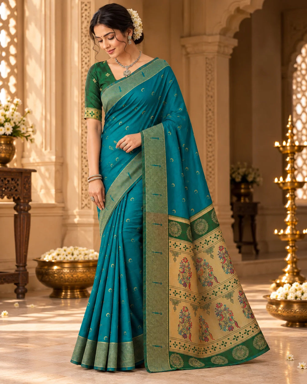 Teal Blue & Olive Green Woven Silk Saree