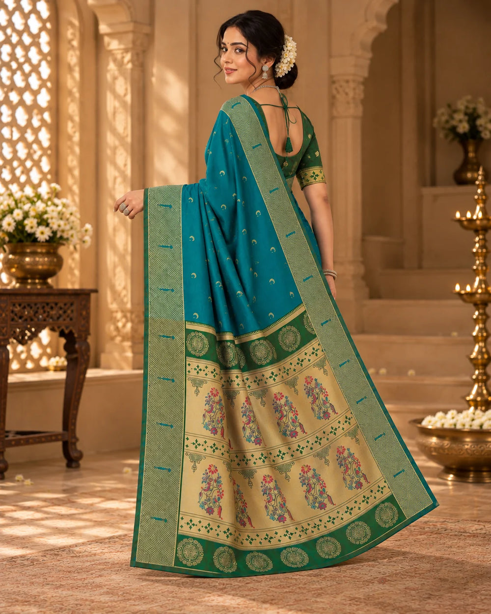 Teal Blue & Olive Green Woven Silk Saree