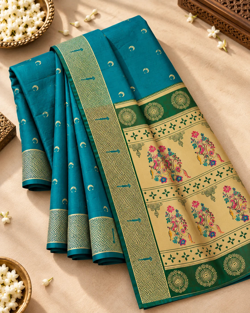 Teal Blue & Olive Green Woven Silk Saree