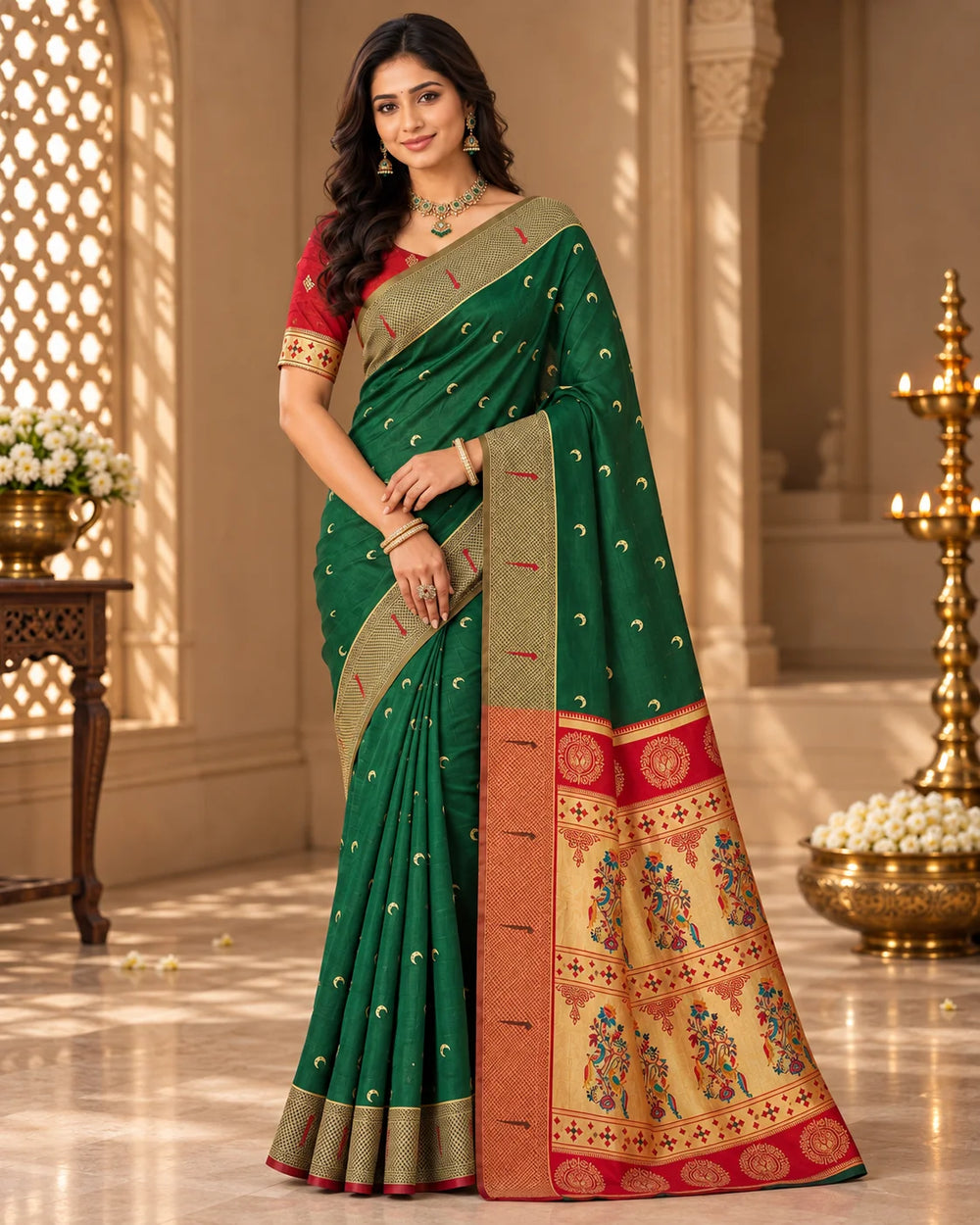 Emerald Green & Red Woven Silk Saree