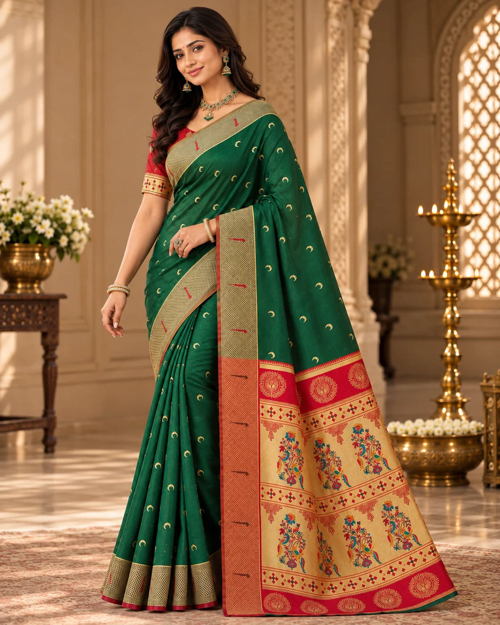 Emerald Green & Red Woven Silk Saree