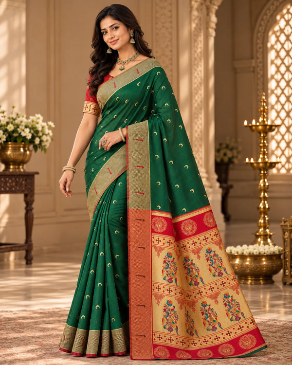 Emerald Green & Red Woven Silk Saree