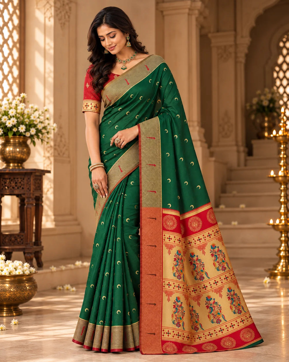 Emerald Green & Red Woven Silk Saree
