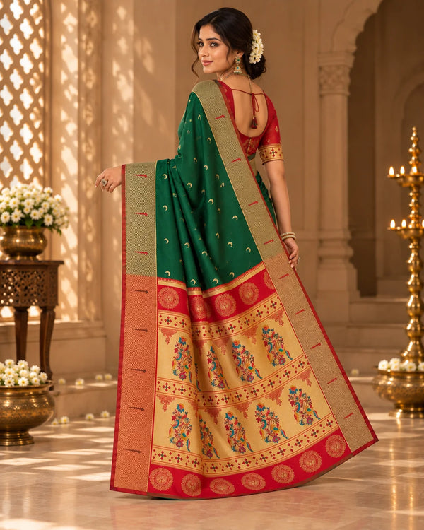 Emerald Green & Red Woven Silk Saree