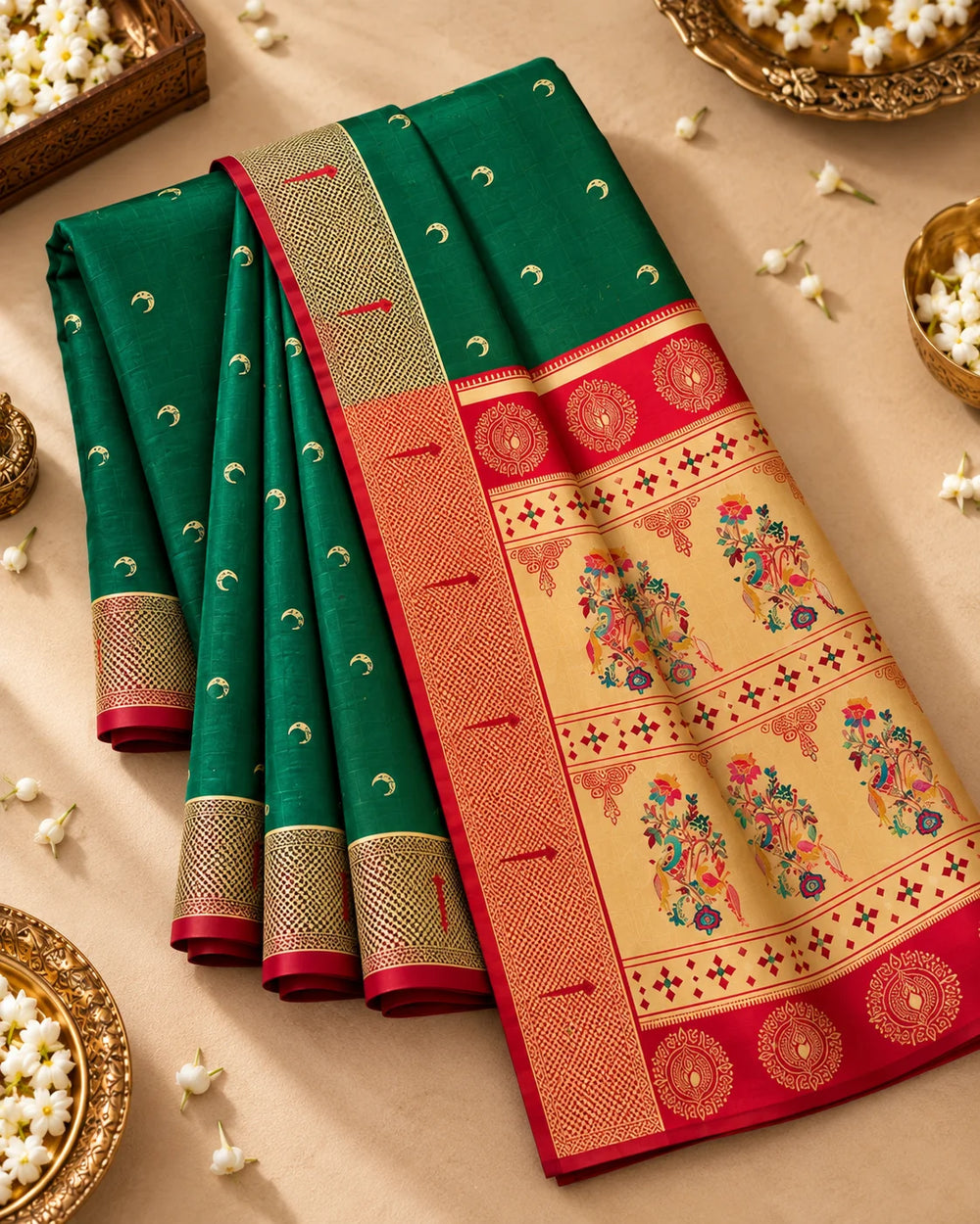 Emerald Green & Red Woven Silk Saree