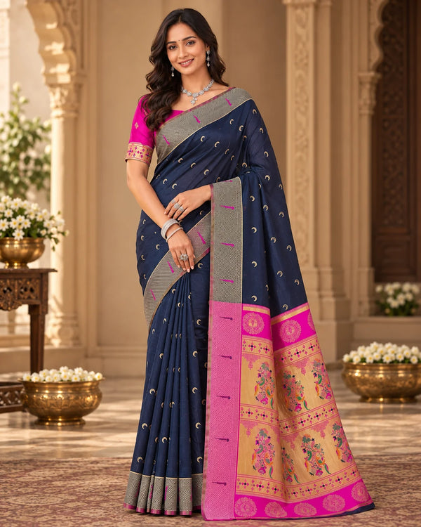 Navy Blue & Hot Pink Woven Silk Saree