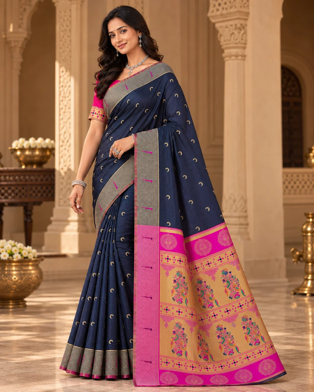 Navy Blue & Hot Pink Woven Silk Saree