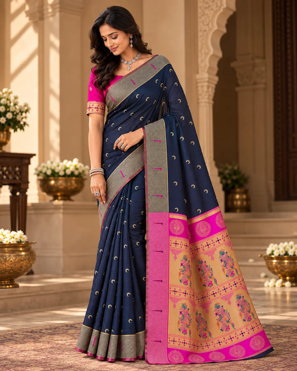 Navy Blue & Hot Pink Woven Silk Saree