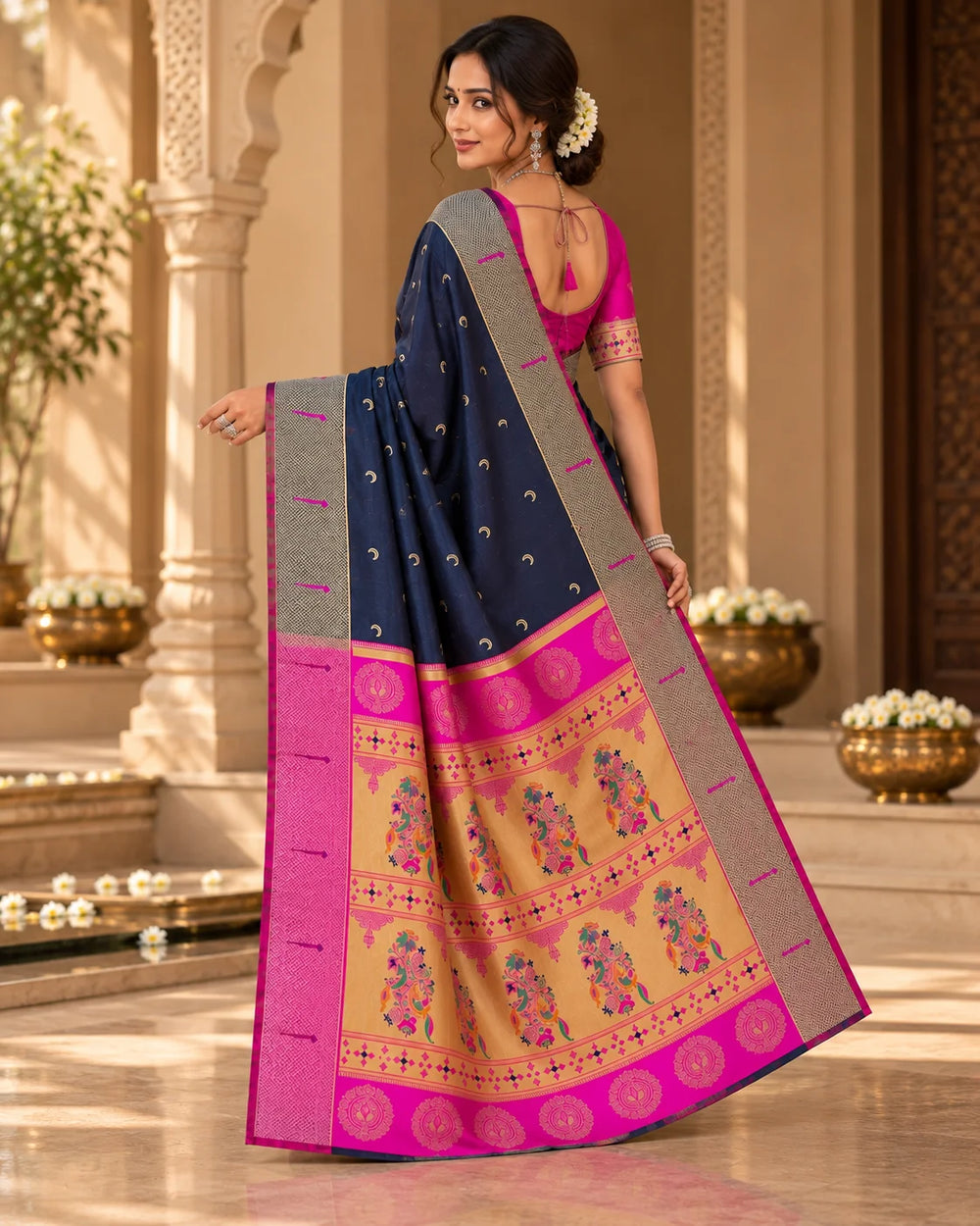 Navy Blue & Hot Pink Woven Silk Saree