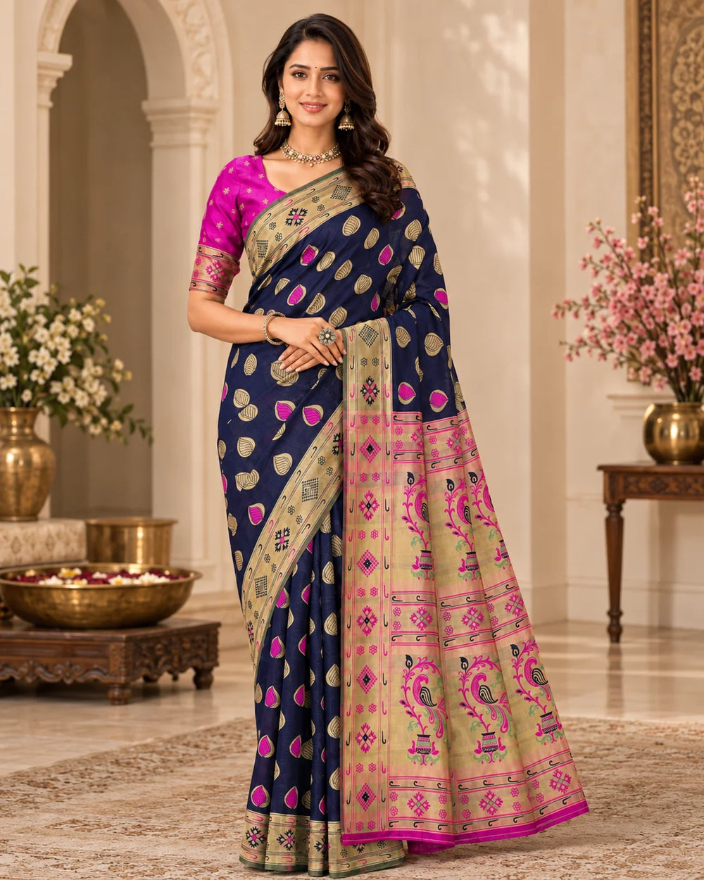 Navy Blue & Magenta Woven Silk Saree with Floral Pallu