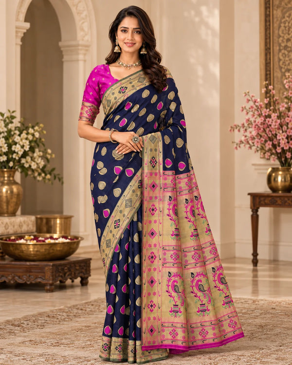 Navy Blue & Magenta Woven Silk Saree with Floral Pallu