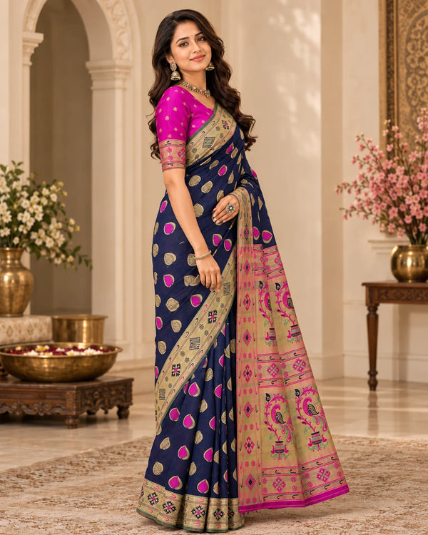 Navy Blue & Magenta Woven Silk Saree with Floral Pallu