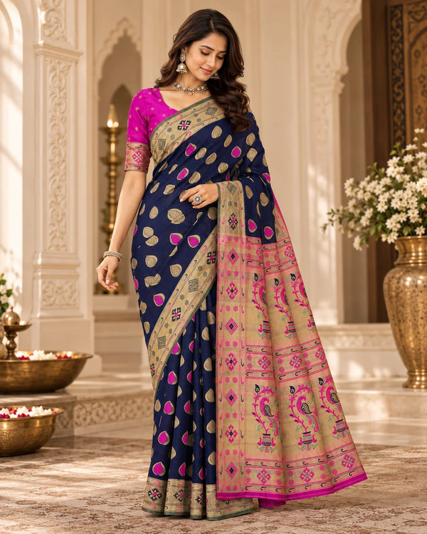 Navy Blue & Magenta Woven Silk Saree with Floral Pallu