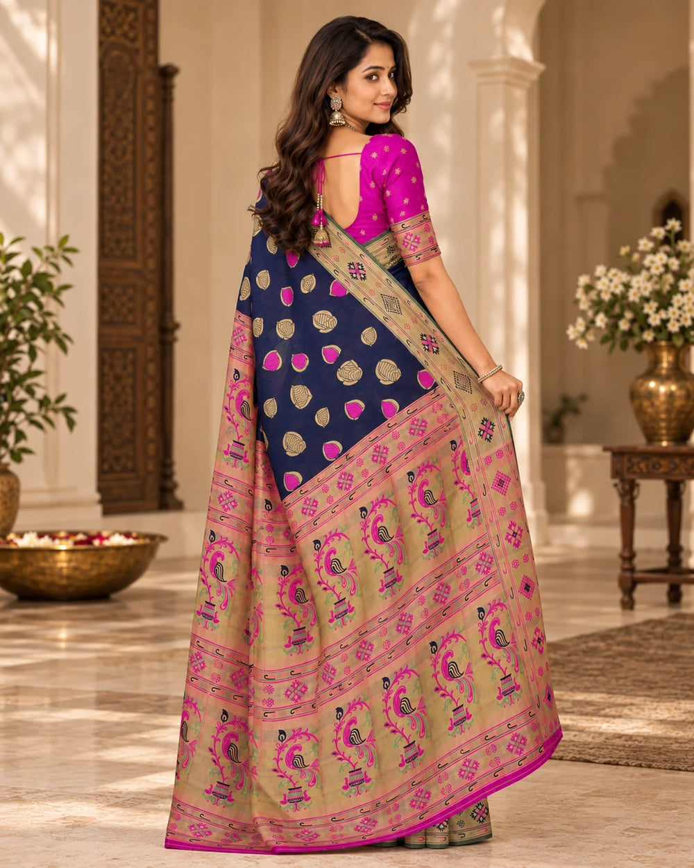 Navy Blue & Magenta Woven Silk Saree with Floral Pallu