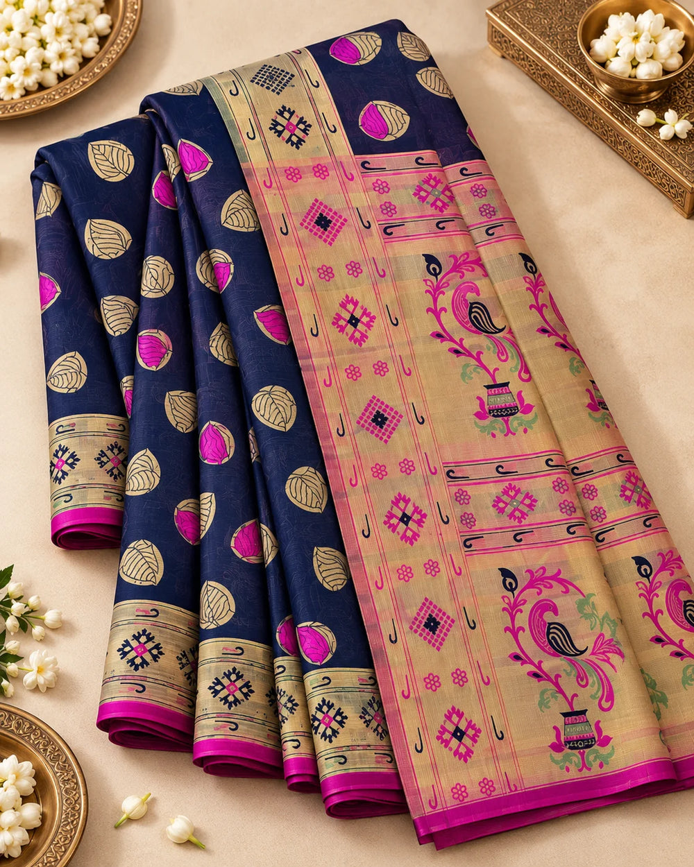 Navy Blue & Magenta Woven Silk Saree with Floral Pallu