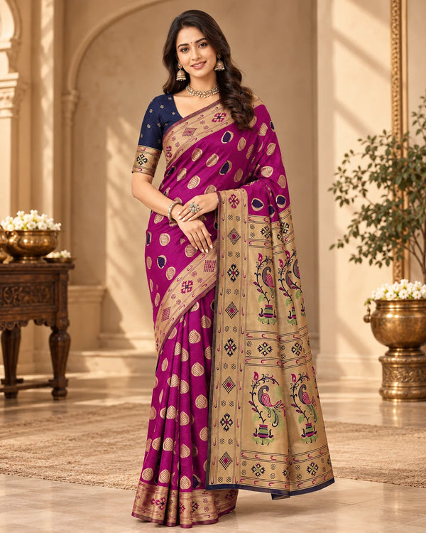 Magenta Pink & Navy Blue Woven Silk Saree with Traditional Pallu