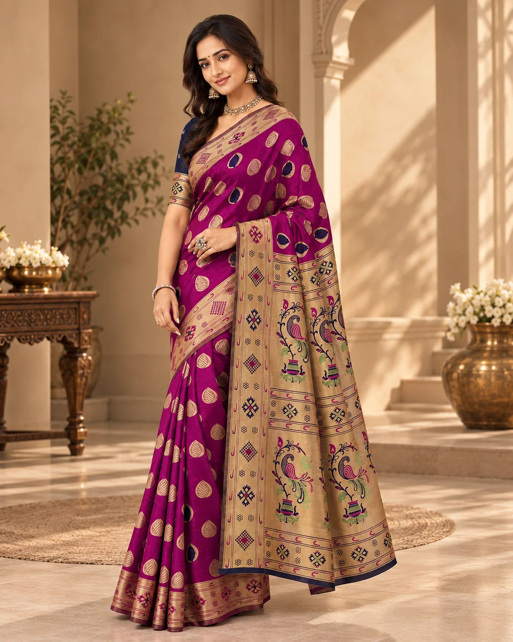 Magenta Pink & Navy Blue Woven Silk Saree with Traditional Pallu