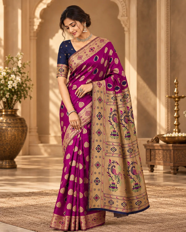 Magenta Pink & Navy Blue Woven Silk Saree with Traditional Pallu