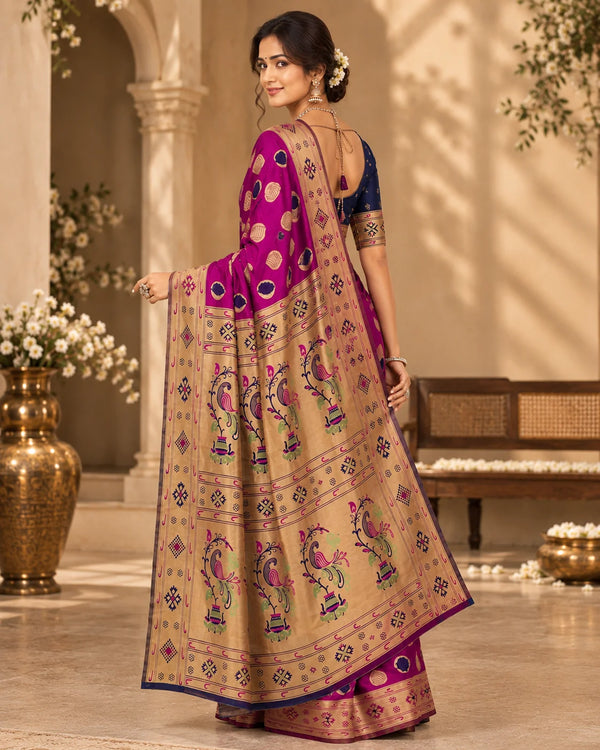 Magenta Pink & Navy Blue Woven Silk Saree with Traditional Pallu