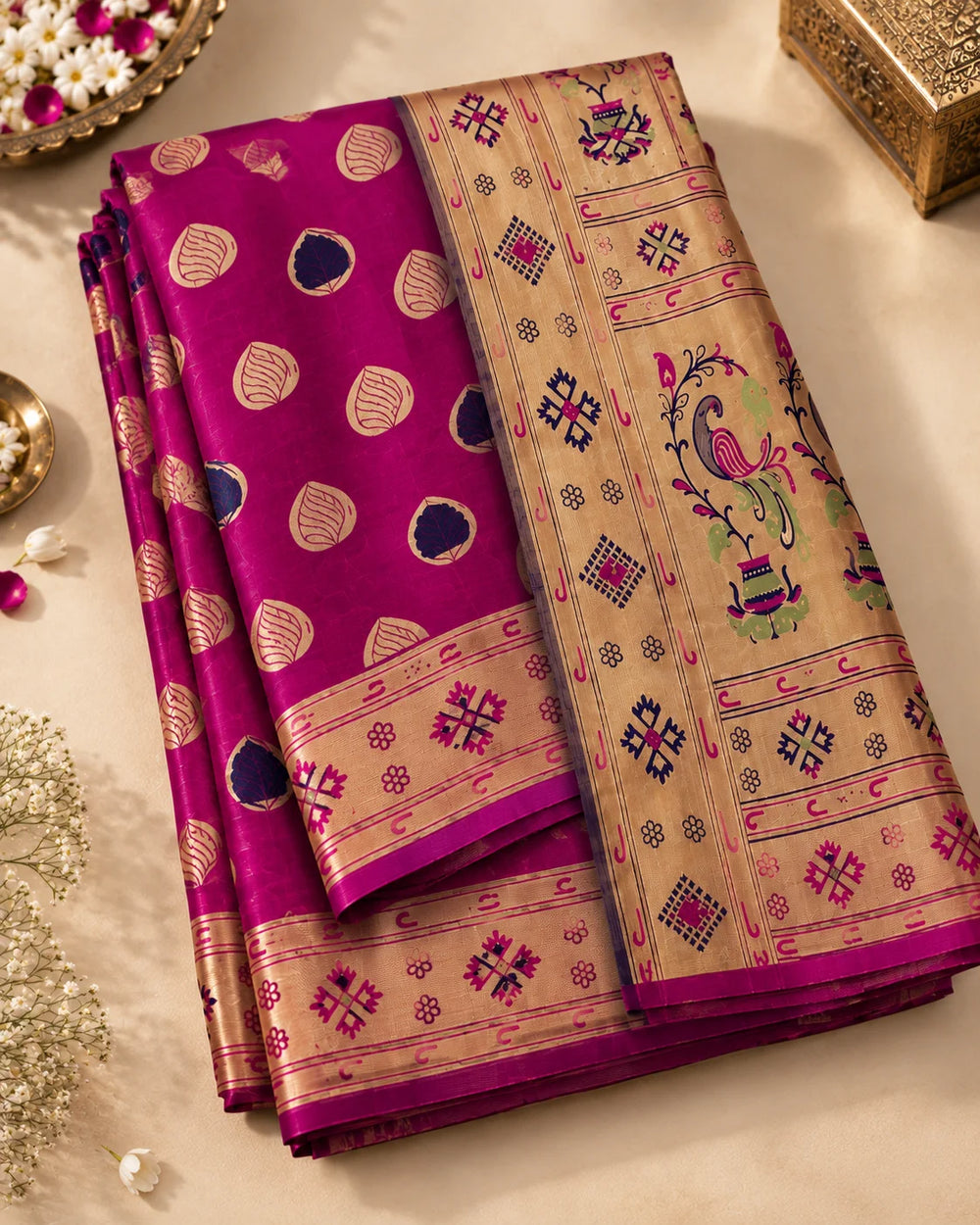Magenta Pink & Navy Blue Woven Silk Saree with Traditional Pallu