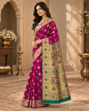 Magenta Pink & Green Woven Silk Saree with Peacock Pallu