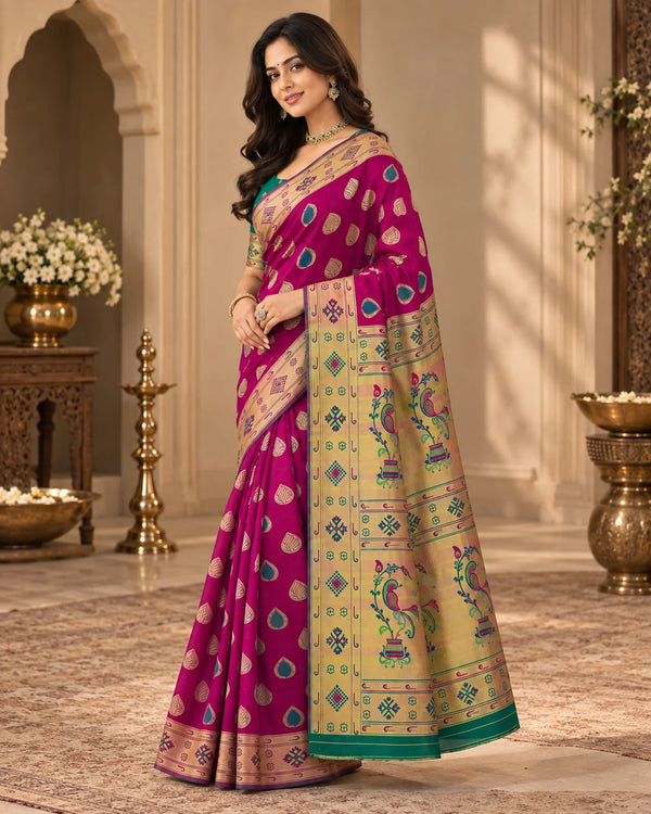 Magenta Pink & Green Woven Silk Saree with Peacock Pallu