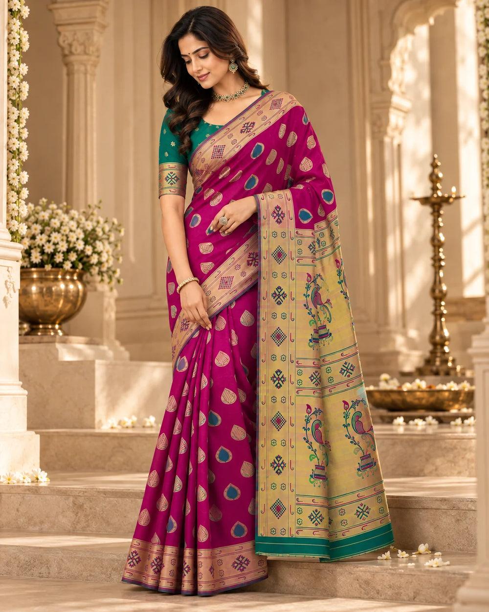 Magenta Pink & Green Woven Silk Saree with Peacock Pallu