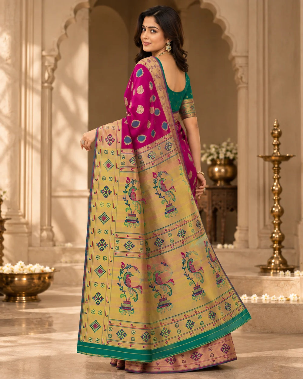 Magenta Pink & Green Woven Silk Saree with Peacock Pallu
