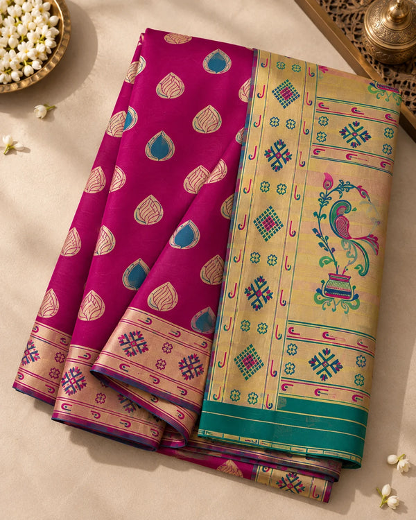 Magenta Pink & Green Woven Silk Saree with Peacock Pallu
