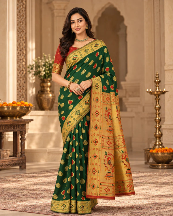 Emerald Green & Red Woven Silk Saree with Traditional Pallu
