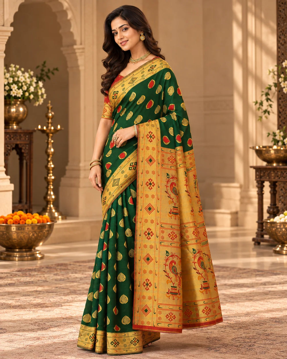 Emerald Green & Red Woven Silk Saree with Traditional Pallu
