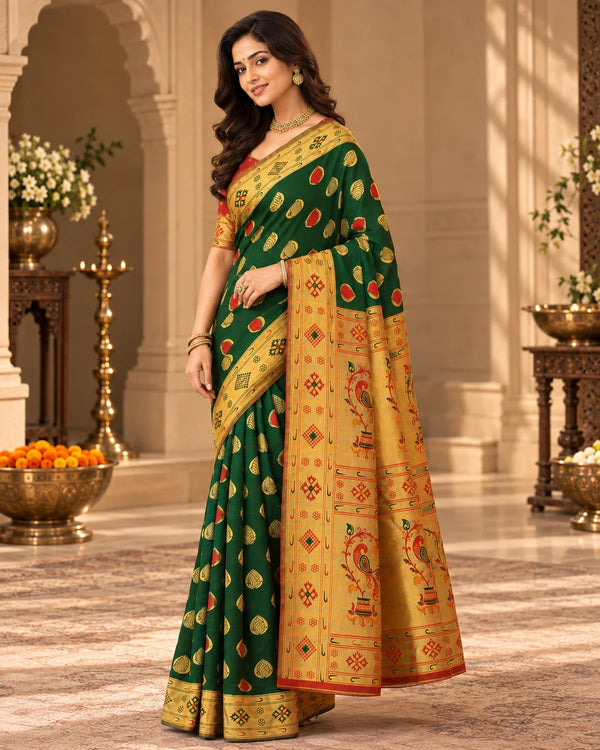 Emerald Green & Red Woven Silk Saree with Traditional Pallu