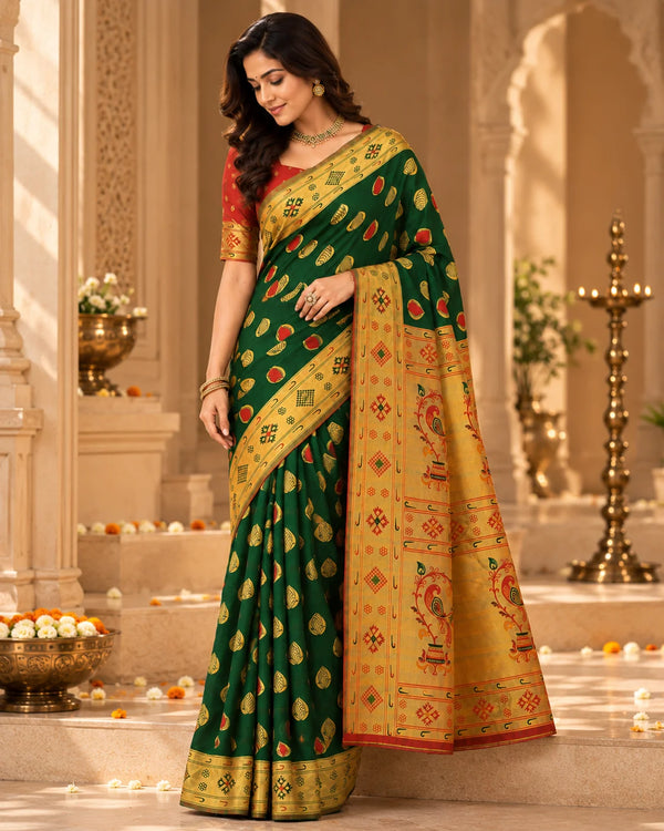 Emerald Green & Red Woven Silk Saree with Traditional Pallu