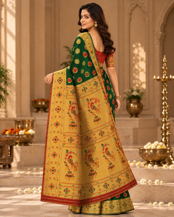 Emerald Green & Red Woven Silk Saree with Traditional Pallu