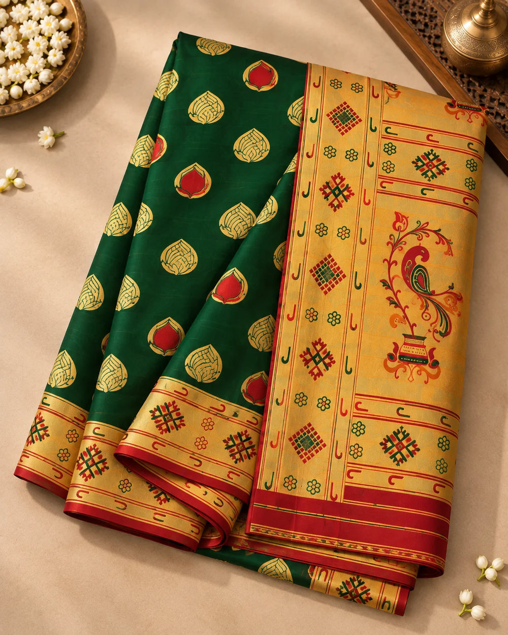 Emerald Green & Red Woven Silk Saree with Traditional Pallu