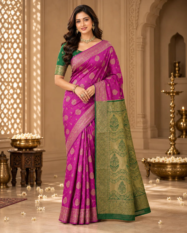 Rani Pink & Olive Green Woven Silk Saree with Traditional Floral Pallu
