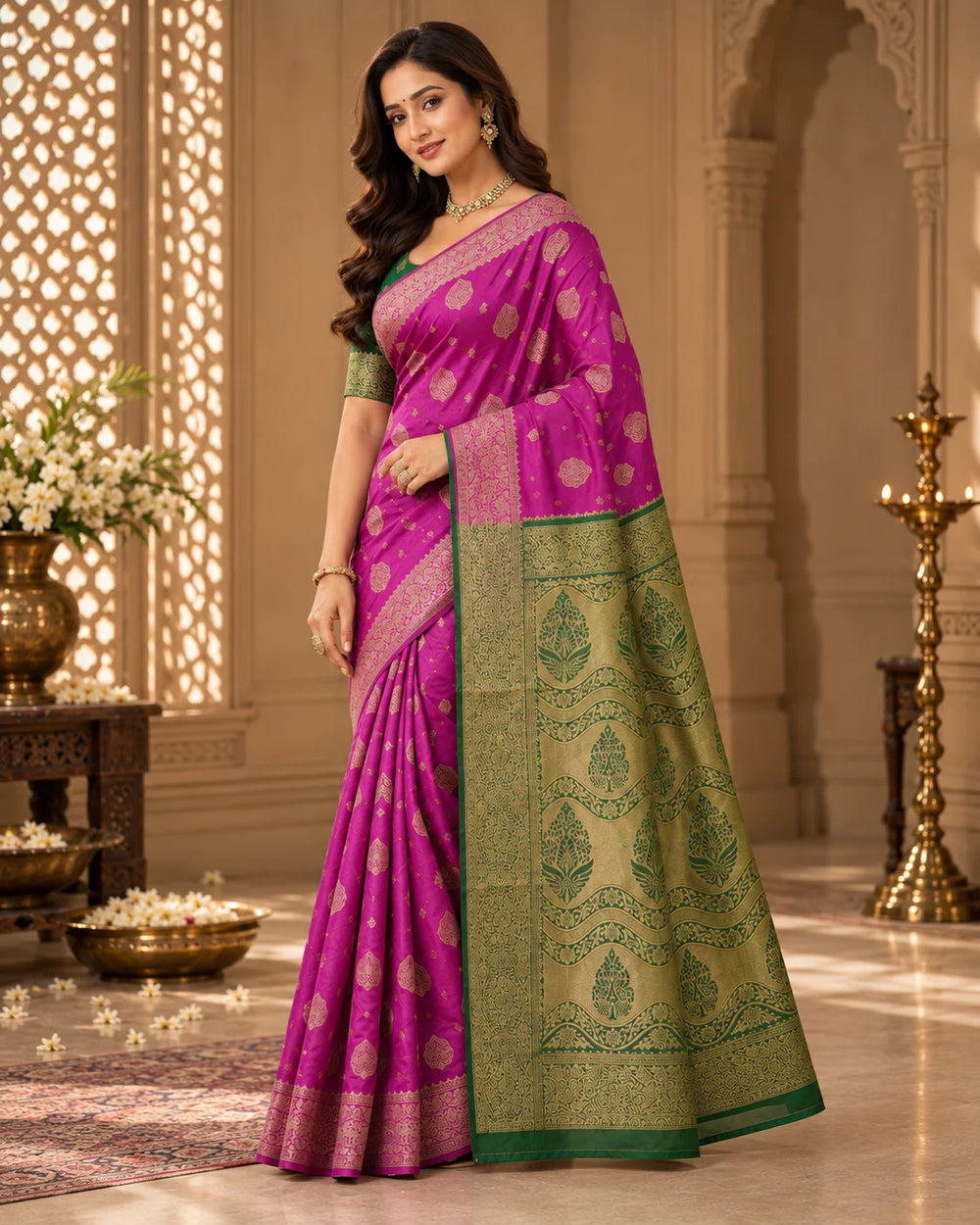 Rani Pink & Olive Green Woven Silk Saree with Traditional Floral Pallu