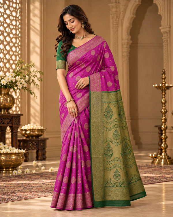 Rani Pink & Olive Green Woven Silk Saree with Traditional Floral Pallu