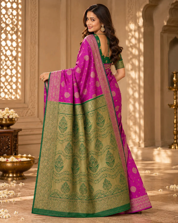 Rani Pink & Olive Green Woven Silk Saree with Traditional Floral Pallu