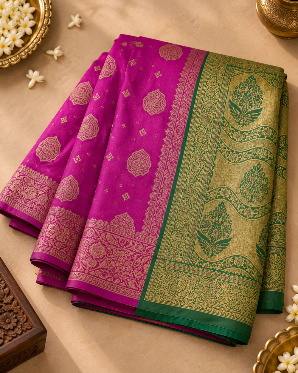 Rani Pink & Olive Green Woven Silk Saree with Traditional Floral Pallu