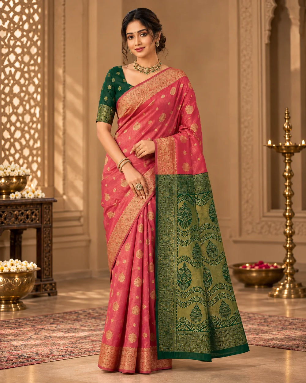Coral Pink & Emerald Green Woven Silk Saree with Traditional Pallu