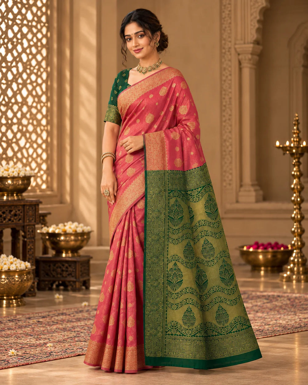Coral Pink & Emerald Green Woven Silk Saree with Traditional Pallu