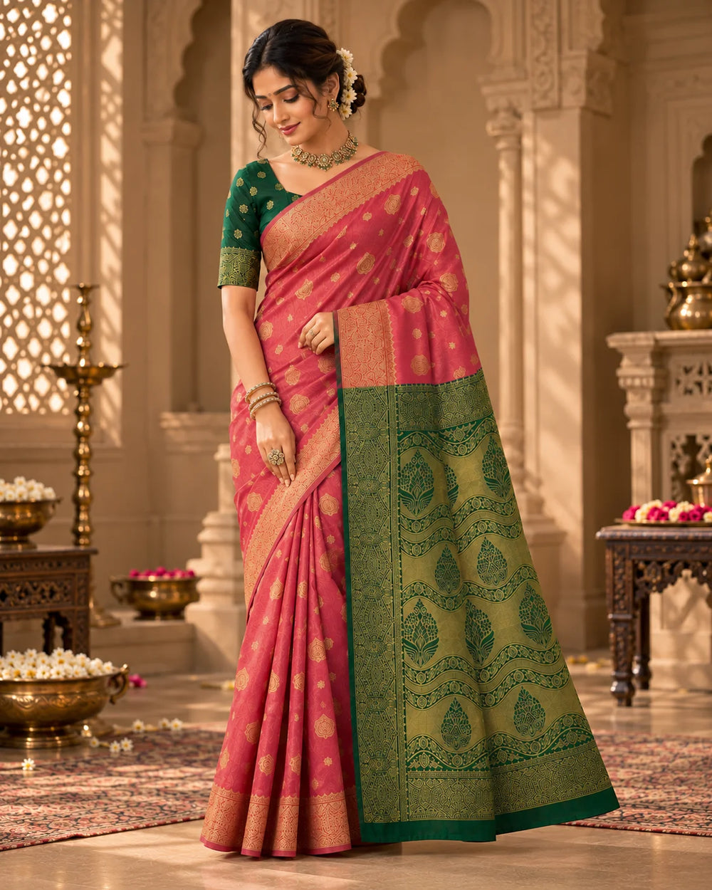 Coral Pink & Emerald Green Woven Silk Saree with Traditional Pallu