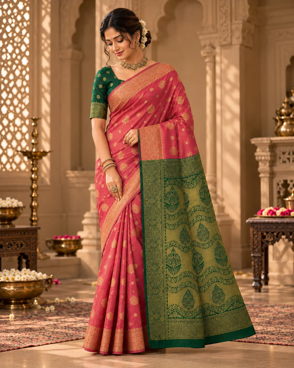 Coral Pink & Emerald Green Woven Silk Saree with Traditional Pallu