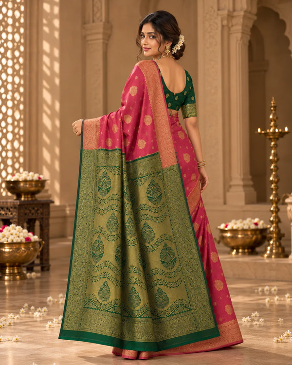 Coral Pink & Emerald Green Woven Silk Saree with Traditional Pallu