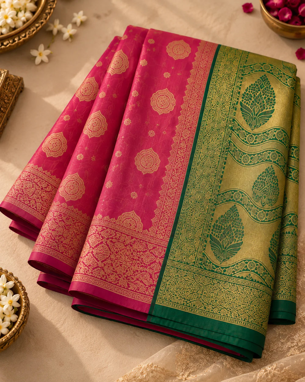 Coral Pink & Emerald Green Woven Silk Saree with Traditional Pallu