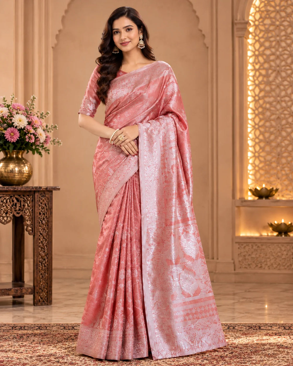 Blush Pink Woven Saree with Intricate Floral Motifs & Traditional Pallu